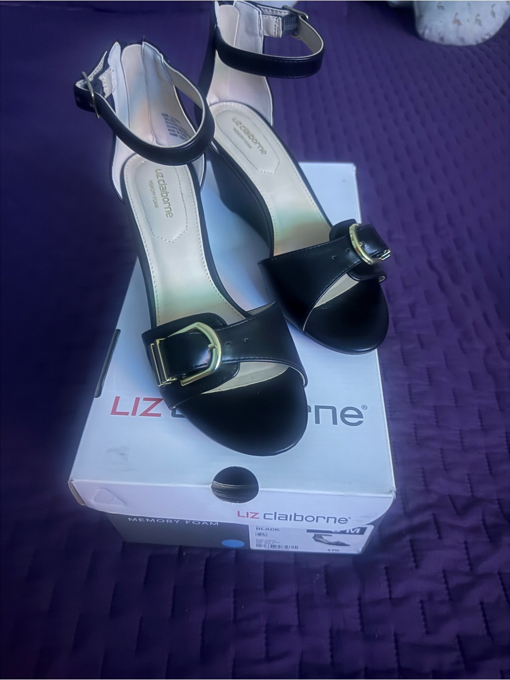 Liz Claiborne Black Open-Toe Ankle-Strap Block Heels with Gold Buckles